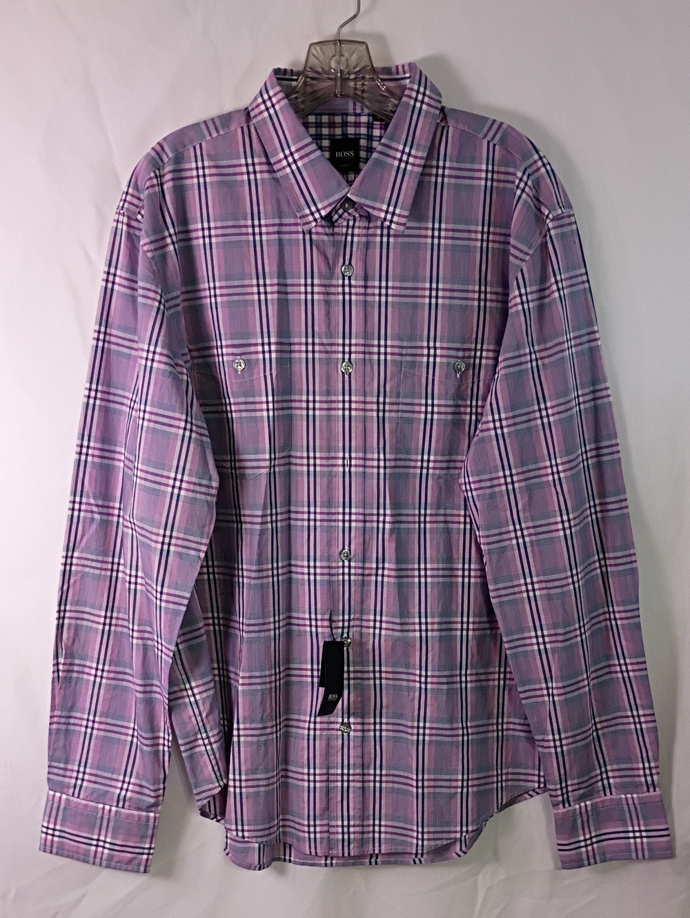 BOSS Men's Lavender and White Plaid Button-Down Shirt